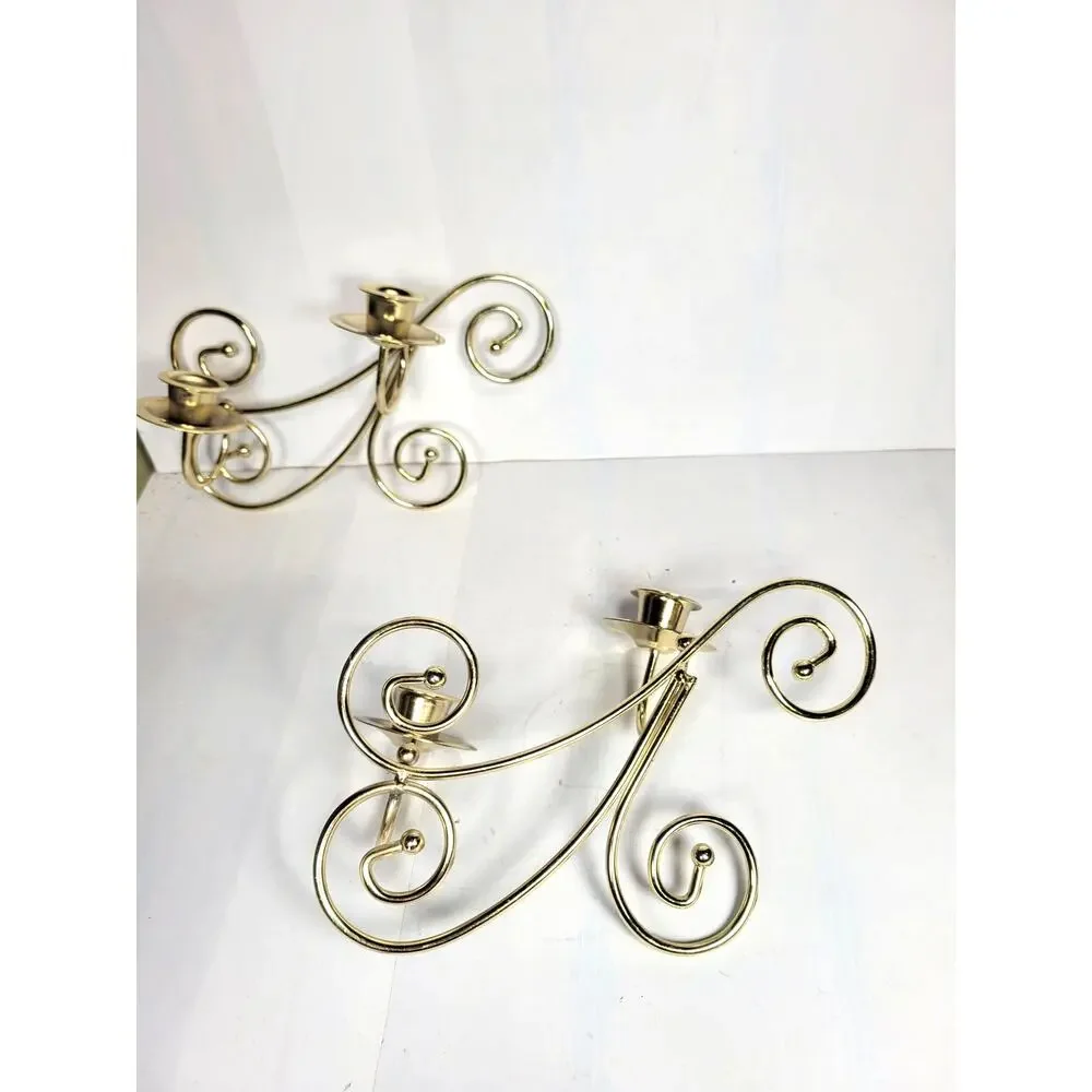 Vintage Homco Home Interiors Brass Scroll Double Taper Candle Wall Sconces Pair